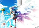  ahoge aqua_eyes aqua_hair bai_yemeng blue_sky chair cloud commentary_request flower hatsune_miku headphones highres holding long_hair looking_to_the_side musical_note pillar railing shoes short_shorts shorts signature sitting sky sneakers solo table vase very_long_hair vocaloid white_wings wind wings 