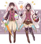  1girl animal_costume animal_hood brown_hair bunny_boy bunny_costume bunny_girl bunny_hood bunny_tail bunnysuit carrot dinikee dual_persona easter_egg egg fire_emblem fire_emblem:_kakusei fire_emblem_heroes hood looking_at_viewer mark_(female)_(fire_emblem) mark_(fire_emblem) mark_(male)_(fire_emblem) red_eyes smile tail 