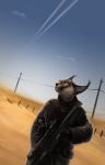  2018 anthro black_nose caracal clothed clothing day detailed_background digital_media_(artwork) feline gun holding_object holding_weapon mammal ranged_weapon safiru sky solo weapon 