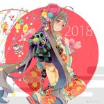  2018 ahoge circle colis flower from_behind grey_eyes grey_hair hair_between_eyes hair_flower hair_ornament japanese_clothes kantai_collection kimono kiyoshimo_(kantai_collection) long_hair ponytail print_kimono solo twitter_username very_long_hair 