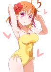  :o ahoge armpits arms_up bangs bow breasts cleavage commentary_request cowboy_shot flower hair_bow hair_flower hair_ornament halterneck heart heart_ahoge kitahara_tomoe_(kitahara_koubou) looking_at_viewer love_live! love_live!_sunshine!! medium_breasts o-ring o-ring_swimsuit one-piece_swimsuit orange_hair red_eyes simple_background solo swimsuit takami_chika twitter_username white_background yellow_bow yellow_swimsuit 