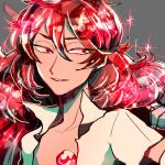 androgynous colored_eyelashes gem highres houseki_no_kuni long_hair lonom open_clothes open_shirt padparadscha_(houseki_no_kuni) red_eyes red_hair smile solo sparkle upper_body 