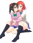  black_hair black_legwear bow bowtie cardigan green_neckwear highres hug hug_from_behind kneehighs light_frown long_sleeves love_live! love_live!_school_idol_project miniskirt multiple_girls nishikino_maki open_mouth otonokizaka_school_uniform pink_cardigan plaid plaid_skirt purple_eyes red_eyes red_hair school_uniform shirt short_sleeves simple_background sitting skirt striped striped_neckwear umekichi white_background white_shirt yazawa_nico yuri 