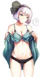  :o ? ass_visible_through_thighs babydoll bangs bare_arms bare_shoulders black_bow black_panties black_ribbon blush bow bow_panties breasts cleavage clothes_lift collarbone commentary_request cowboy_shot eyebrows_visible_through_hair green_eyes groin hair_ribbon hands_up head_tilt highres konpaku_youmu legs_apart lifted_by_self looking_down mayonaka_taruho medium_breasts midriff navel open_mouth panties ribbon short_hair silver_hair simple_background solo spoken_question_mark standing stomach touhou underwear white_background 