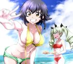  :d anchovy areola_slip areolae armpits bangs bare_legs bare_shoulders bikini black_hair black_ribbon blurry blurry_background blush box breasts brown_eyes cleavage cloud cloudy_sky collarbone cowboy_shot day depth_of_field drill_hair eyebrows_visible_through_hair food foreshortening girls_und_panzer green_shorts grin hair_ribbon halterneck holding holding_box horizon large_breasts leaning_forward looking_at_viewer medium_breasts multiple_girls nakahira_guy navel nose_blush ocean open_mouth outstretched_arm pepperoni_(girls_und_panzer) red_bikini red_eyes ribbon round_teeth shiny shiny_hair short_hair short_shorts shorts side_slit sky smile standing stomach strapless strapless_bikini surprised sweat swimsuit teeth twin_drills twintails untied untied_bikini v-shaped_eyebrows water wide-eyed yellow_bikini_top 