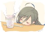  ahoge batsubyou chopsticks closed_eyes colis commentary_request cup_ramen grey_hair kantai_collection kiyoshimo_(kantai_collection) long_hair sleeping solo trophy twintails twitter_username upper_body very_long_hair 