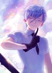  androgynous antarcticite artist_name blue_eyes cloud cloudy_sky finger_to_mouth gem_uniform_(houseki_no_kuni) gloves houseki_no_kuni kyouran_de_onikoushi looking_at_viewer necktie short_hair sky smile solo white_eyes white_hair 