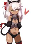  :q absurdres animal_ears black_legwear black_leotard cat_ears cat_tail center_opening chloe_von_einzbern commentary_request crossed_arms dark_skin detached_sleeves fake_animal_ears fate/kaleid_liner_prisma_illya fate_(series) flat_chest gloves heart highres leotard long_hair naughty_face no_navel paw_gloves paws pink_hair ribbon shimejinameko simple_background smile solo tail tail_raised thighhighs tongue tongue_out white_background yellow_eyes 