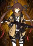  ahoge ammunition_pouch anldiot arm_strap armband bangs battle_rifle belt black_gloves black_ribbon blazer breasts brown_hair combat_knife commentary_request explosive eyebrows_visible_through_hair fractal girls_frontline gloves glowing glowing_eyes grenade gun hair_between_eyes headset highres holding holding_gun holding_weapon jacket knife knife_holster long_hair long_sleeves looking_at_viewer m14 m14_(girls_frontline) medium_breasts mk_14_ebr multicolored_hair neck_ribbon open_blazer open_clothes open_jacket open_mouth partly_fingerless_gloves pleated_skirt pouch rainbow_six_siege ribbon rifle scarf shirt sidelocks skirt smile solo strap thigh_strap thighhighs thighs trigger_discipline twintails weapon white_legwear white_shirt yellow_eyes zettai_ryouiki 
