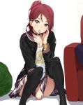  alternate_hairstyle between_legs black_choker black_jacket black_legwear bracelet breasts brown_eyes candy casual choker cleavage collarbone couch covering covering_crotch food hair_ornament hairclip hand_between_legs hand_on_own_cheek highres icehotmilktea jacket jewelry knees_up lollipop looking_at_viewer love_live! love_live!_sunshine!! mouth_hold o-ring o-ring_choker plaid plaid_skirt ponytail red_hair sakurauchi_riko sitting skirt small_breasts solo studded_bracelet thighhighs 