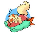  arcanine clothing felicia_embermane female frill green_eyes hair looking_at_viewer messy_hair nintendo one_eye_closed piercing pillow pok&eacute;mon pok&eacute;mon_(species) puffy_sleeves resting simple_background sleeping sound_effects sweater tiki_san tired video_games white_background zzz 