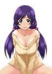  bare_shoulders between_legs blush breasts cleavage collarbone commentary_request cowboy_shot green_eyes hair_ornament hair_scrunchie hand_between_legs highres large_breasts long_hair love_live! love_live!_school_idol_project low_twintails off_shoulder pink_scrunchie purple_hair ribbed_sweater scrunchie smile solo sweater tachibana_roku toujou_nozomi twintails 