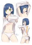  ass blue_hair blush breasts collarbone commentary_request darling_in_the_franxx dated from_behind from_side green_eyes hair_ornament hairclip highres ichigo_(darling_in_the_franxx) looking_at_viewer medium_breasts midriff multiple_views navel nightgown nightgown_lift open_mouth panties profile short_hair signature simelu standing stomach underboob underwear white_background white_panties 