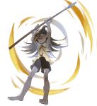  1boy barefoot brown_hair feet horns long_hair male_focus original polearm shorts solo spear tensen toes weapon 