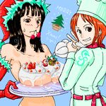  artist_request black_hair blush breast_rest breasts breasts_on_tray carried_breast_rest chef chef_hat cherry christmas elbow_gloves food fruit gloves grin hat icing large_breasts lowres mouth_hold multiple_girls nami_(one_piece) nico_robin non-web_source nude oekaki one_piece orange_hair red_gloves santa_hat see-through smile sweatdrop tattoo tray v 