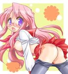 ass bent_over blush breasts glasses large_breasts lucky_star nipples no_panties pants_pull pantyhose pink_hair skirt solo spread_legs takara_miyuki 
