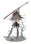  1boy barefoot brown_hair feet horns long_hair male_focus original polearm shorts solo spear tensen toes weapon 