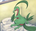 bed female feral grovyle hologram_(artist) inside irene looking_at_viewer nintendo on_bed pok&#233;mon pokemon presenting pussy solo video_games yellow_eyes 