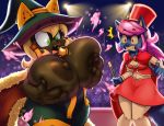  2018 5_fingers anthro areola audience bell big_breasts black_fur black_nipples black_nose blue_fur bow breast_expansion breasts cape cat circus clenched_teeth clothed clothing collar conditional_dnp duo eyelashes feline female fur green_eyes group hair hand_on_breast hat holding_breast holding_object huge_breasts leskaviene looking_down magic mammal motion_lines nipples open_mouth pink_hair purple_nose red_eyes shocked spotlight standing teckworks teeth tongue wand wardrobe_malfunction white_hair wizard_hat 