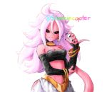  arm_ring black_nails black_sclera breasts clothed clothing colored_nails ear_piercing female hair invalid_tag jewelry long_hair majin_android_21 necklace not_furry pants piercing pink_skin red_eyes snoozincopter text white_hair 