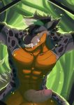  abs anthro crocodile crocodilian erection fangs fur furrypuddingthegreat hair hybrid knot looking_at_viewer male muscular muscular_male nude precum reptile scalie smile solo teeth 