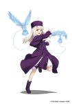  10s 1girl boots divine_gate fate/stay_night fate_(series) frilled_skirt frills full_body hat head_tilt illyasviel_von_einzbern long_hair looking_at_viewer official_art purple_footwear purple_hat red_eyes silver_hair skirt skirt_hold smile solo transparent_background ucmm white_skirt 