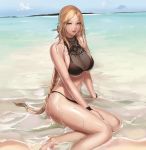  arm_support bangs bare_shoulders beach bikini black_bikini blue_eyes braid breasts cloud day dungeon_and_fighter feet_out_of_frame female_gunner_(dungeon_and_fighter) highres horizon large_breasts long_hair looking_at_viewer monaim ocean outdoors parted_bangs parted_lips sand shiny shiny_skin shore single_braid sitting smile solo swimsuit very_long_hair water waves wet wristband yokozuwari 
