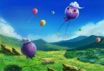  black_eyes blue_sky cliff cloud day drifloon flying full_body gen_4_pokemon grass heart kyarage_(soda) mountainous_horizon no_humans outdoors pokemon pokemon_(game) pokemon_dppt river rock scenery shiny sky solid_circle_eyes wind wind_turbine windmill 