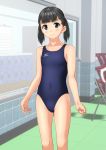  absurdres black_eyes black_hair black_swimsuit chair commentary_request competition_swimsuit covered_navel cowboy_shot door flat_chest folding_chair highres locker locker_room looking_at_viewer mizuno one-piece_swimsuit original short_hair smile solo standing swimsuit takafumi twintails 