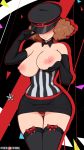  afrobull alternate_costume ass_visible_through_thighs bad_id bad_pixiv_id black_gloves black_legwear breasts brown_hair commentary detached_collar elbow_gloves gloves hat hat_over_eyes highres large_breasts nipples okumura_haru panties pantyshot peaked_cap persona persona_5 persona_5:_dancing_star_night persona_dancing short_hair skirt smile solo thigh_gap thighhighs underwear 