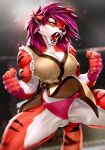  2018 5_fingers anthro big_breasts black_lips black_nose breasts butt butt_from_front cleavage clothed clothing darya_(ravencrafte) digital_media_(artwork) feline female fist front_view fur hair mammal mma mr._mist_(artist) muscular muscular_female open_mouth orange_fur panties pink_hair pink_panties roaring sharp_teeth solo spittle standing stripes teeth tiger tongue underwear white_fur 