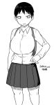  breasts collared_shirt cowboy_shot dated greyscale huge_breasts long_sleeves looking_at_viewer monochrome original pleated_skirt school_uniform shirt short_hair signature simple_background skirt slit_pupils solo standing tsukudani_(coke-buta) white_background wing_collar 
