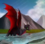  2018 cynder day detailed_background digital_media_(artwork) dragon female feral grass green_eyes horn outside partially_submerged scalie sky smile solo spyro_the_dragon video_games western_dragon xx-starduster-xx 