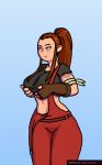  animated animated_gif areolae breasts breasts_apart brigitte_(overwatch) chelodoy grin large_breasts looking_at_viewer nipples no_bra overwatch ponytail shirt_lift smile solo 