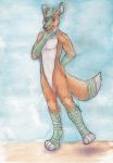  &lt;3 anthro canine eldingo_(artist) fox fur hybrid male mammal simple_background solo traditional_media_(artwork) watercolor_(artwork) wolf young 