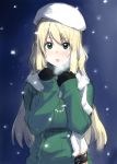 alternate_costume aran_sweater atago_(kantai_collection) beret black_gloves blonde_hair blush breath gloves green_eyes green_sweater hat jewelry kantai_collection long_hair necklace night ribbed_sweater scarf snowing solo sweater tachibana_roku tears white_hat white_scarf 