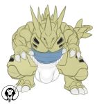  anthro anthrofied big_bulge big_claws big_muscles bulge claws clothed clothing crouching fundoshi japanese_clothing loincloth looking_at_viewer male muscular muscular_male nintendo pok&eacute;mon pok&eacute;mon_(species) reptile scalie solo spines thick_thighs topless tyranitar underwear video_games xatanlion 