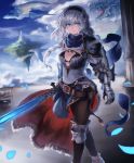  armor belt black_bra blue_eyes blue_sky bra breasts cleavage cloud cloudy_sky commentary_request day dragon eyebrows_visible_through_hair fantasy feet_out_of_frame floating_island gauntlets hair_between_eyes hairband highres holding holding_sword holding_weapon large_breasts long_hair looking_at_viewer na_(oagenosuke) original outdoors pantyhose parted_lips pelvic_curtain petals scarf silver_hair sky smile solo standing sword underwear waist_cape walking weapon 