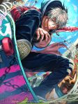  blue_eyes blue_sky chain chinese_zodiac closed_mouth cloud dog fingernails foreshortening furyou_michi_~gang_road~ hair_between_eyes highres jacket jewelry long_sleeves looking_at_viewer male_focus necklace official_art outdoors pants red_jacket sakiyamama shoes silver_hair skateboard skateboarding sky smile torn_clothes torn_pants watermark year_of_the_dog 