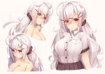  animal_ears breast_hold breasts horns long_hair original pointed_ears red_eyes tatapopo topless twintails uniform white_hair 