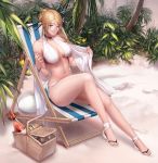 alcohol ball bangs beach beachball bikini blonde_hair blue_eyes bottle bracelet breasts choker cleavage collarbone cup deck_chair drinking_glass dungeon_and_fighter earrings eyelashes female_gunner_(dungeon_and_fighter) food frame from_side full_body hair_bun hair_ornament hair_stick halterneck highres jewelry large_breasts long_hair looking_at_viewer monaim navel outdoors panties picnic_basket plant revision round_eyewear sand sandals sandwich side-tie_bikini sitting smile solo stud_earrings swimsuit towel tree underwear white_bikini wine wine_bottle wine_glass 