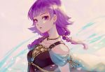  bare_shoulders breasts cape commentary_request dress fire_emblem fire_emblem:_seima_no_kouseki fire_emblem_heroes highres jewelry looking_to_the_side lute_(fire_emblem) necklace purple_eyes purple_hair rheamii short_hair small_breasts solo twintails upper_body 