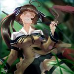  absurdres ahoge armband ass_visible_through_thighs bangs battle_rifle black_ribbon black_skirt blazer blurry blush breasts brown_hair bush buttons cameltoe collared_shirt commentary_request dated depth_of_field eyebrows_visible_through_hair forest from_below girls_frontline gun hair_ribbon highres holding holding_strap jacket long_hair looking_at_viewer m14 m14_(girls_frontline) medium_breasts nature off_shoulder panties pinky_out pleated_skirt pocket ribbon rifle shen_feng_yu_zi shirt signature skirt smile smoke_trail solo thigh_strap thighhighs thighs twintails underwear weapon weapon_on_back white_legwear white_panties white_shirt yellow_eyes 
