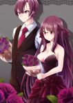  1girl bangs bare_arms bare_shoulders black_vest blush bouquet braid breasts cleavage closed_mouth collared_shirt dress flower french_braid glasses highres holding large_breasts long_hair necktie nekobaka original purple_dress purple_eyes purple_flower purple_hair purple_rose red_neckwear rimless_eyewear rose shirt smile standing very_long_hair vest wing_collar 