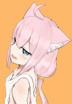  :d ahoge animal_ear_fluff animal_ears areola_slip areolae bangs blue_eyes blush breasts cat_ears eyebrows_visible_through_hair from_side hair_between_eyes highres hinata_channel long_hair looking_at_viewer loose_clothes loose_shirt low-tied_long_hair nekomiya_hinata no_bra open_mouth orange_background pink_hair shirt simple_background small_breasts smile solo togutogu upper_body 