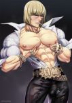  1boy abs blonde_hair bulge cigarette crotch erection fate_(series) glasses looking_at_viewer muscle naughty_face nipples oni-off pecs presenting solo 
