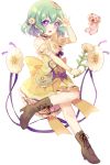  :d absurdres blush boots bow brown_footwear detached_sleeves dress flower full_body green_hair hair_flower hair_ornament hand_up highres looking_at_viewer magical_daisy mahou_shoujo_ikusei_keikaku open_mouth puffy_short_sleeves puffy_sleeves purple_bow purple_eyes short_hair short_sleeves smile transparent_background yellow_dress yunare 