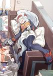  1girl ashe_(rockman) bodysuit capcom couch eyes_closed headband model_a pillow ponytail rockman rockman_zx rockman_zx_advent saliva skin_tight sleeping sleeveless sleeveless_shirt smile spandex tagme vent_(rockman) 