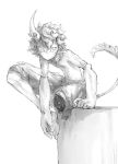  asymmetrical clothed clothing demon hair invalid_tag jewelry looking_at_viewer male monochrome navel necklace oriental pants short_hair sitting sketch snoozincopter topless 