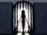  backlighting commentary gate hong_meiling horror_(theme) light outdoors shirosato silhouette solo standing touhou wall 